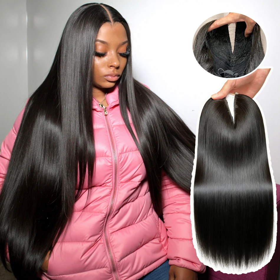Straight V part Human Hair Wig Upgrade U Part Glueless Half Wigs Human Hair Clip in V Part Wig Glueless With Elastic Drawstring