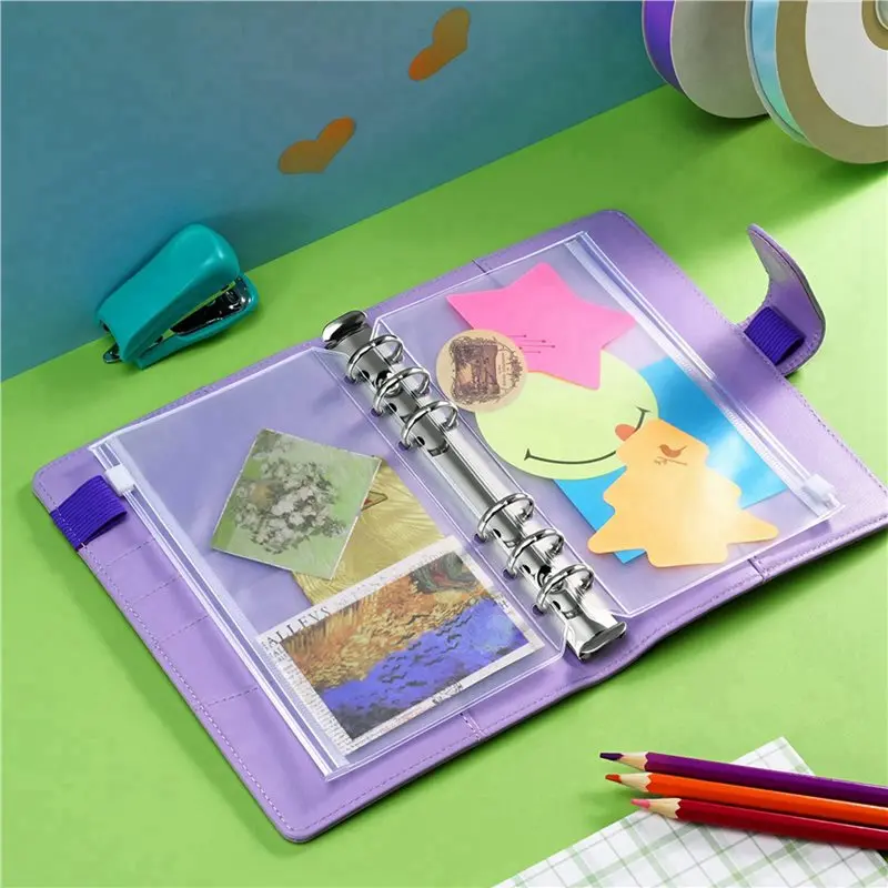 100PCS A6 바인더 포켓 6홀 바인더 파우치 지퍼 폴더 6링 바인더용 PVC 현금 예산 봉투 지퍼 백