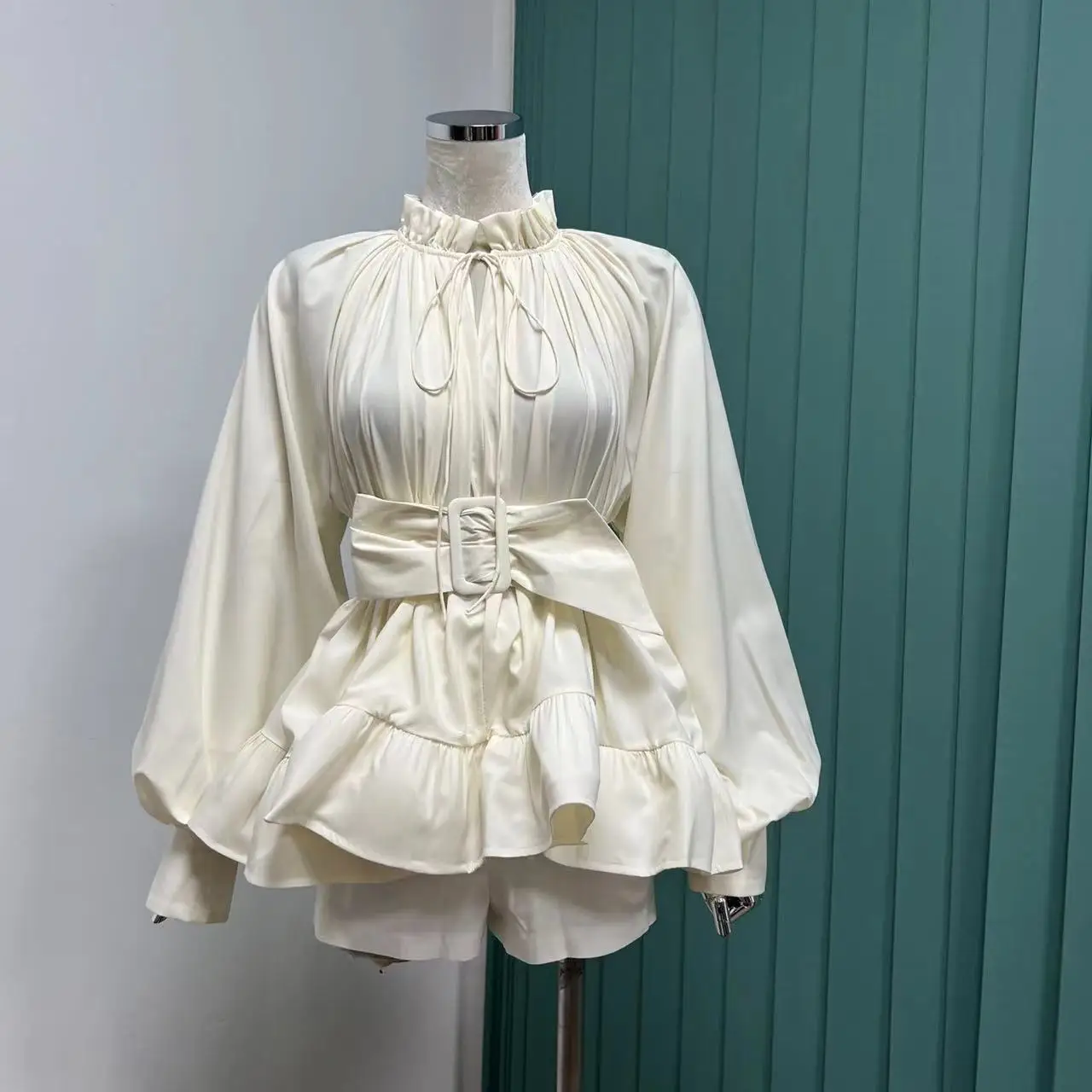 

French palace style waist ruffled fold three-dimensional decorative doll lantern sleeve jacket with belt