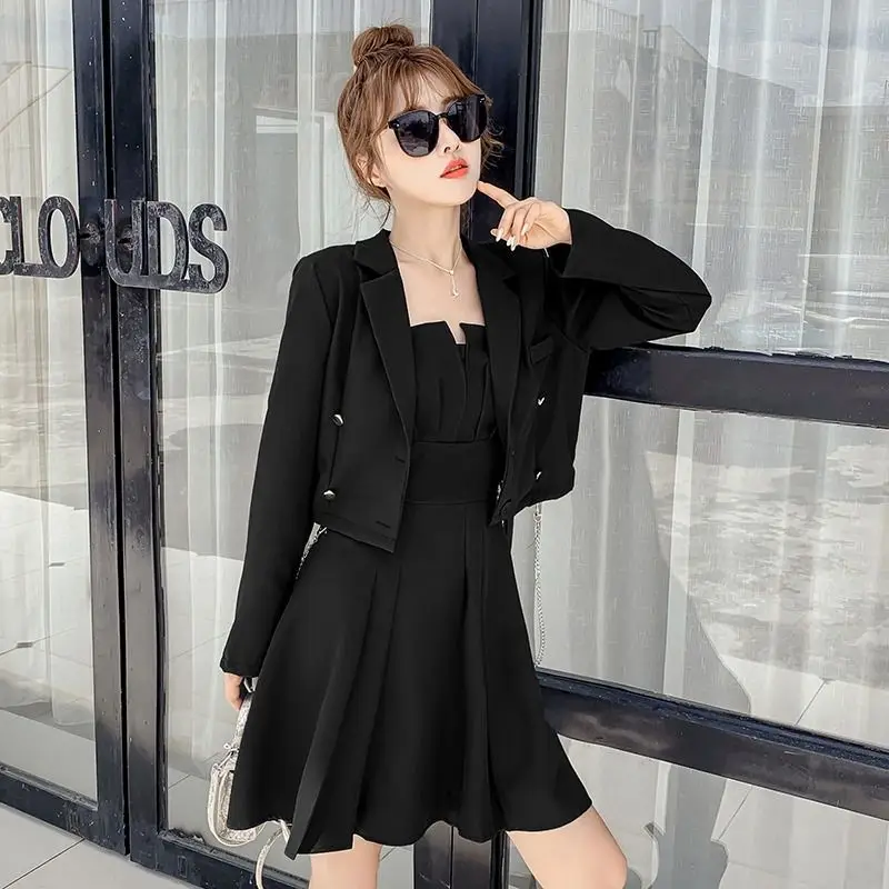 Women's Fashion Blazer Set 2022 Fall New Casual Black Short Suit Coat Sling Dresses Two Piece Korean Elegant Midi Skirt Suit