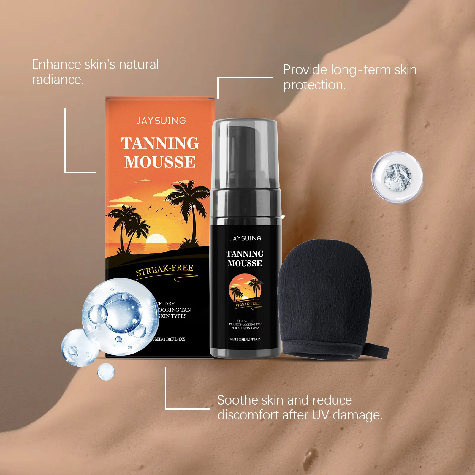 Self Tanning Mousse Ultra Dark with Applicator Glove Fast Sunless Tanner Face Body No Fake Tan Skin Bronzer Tanning Accelerator
