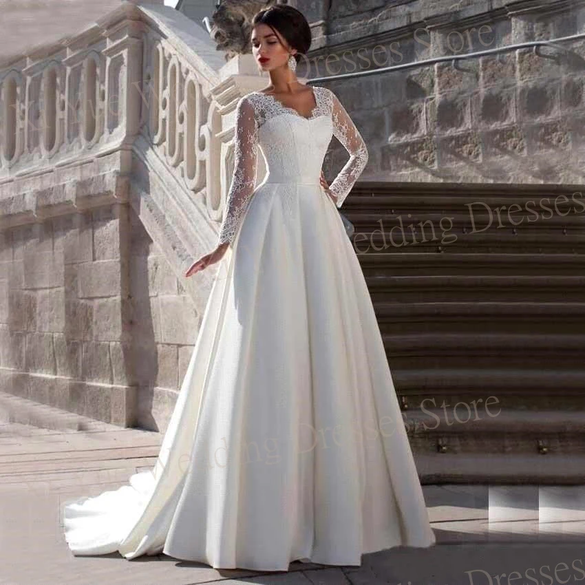 Modest Exquisite V Neck Wedding Dresses A-line Satin Lace Appliques Bride Gowns with Long Sleeves Backless Illusion New Princess pretty high neck mermaid wedding dresses with detachable train illusion lace appliques long sleeves african bridal gowns