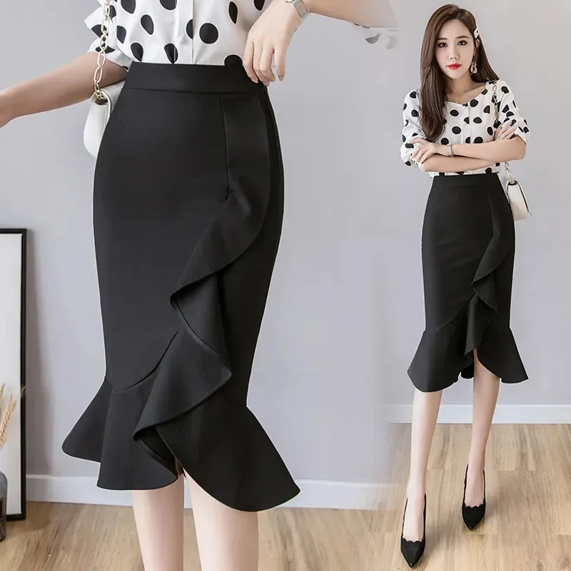 

Lucyever Black Mermaid Skirt Women Korean High Waist Slim Fit Office Long Skirt Ladies Stylish Ruffle Skinny Fishtail Skirts