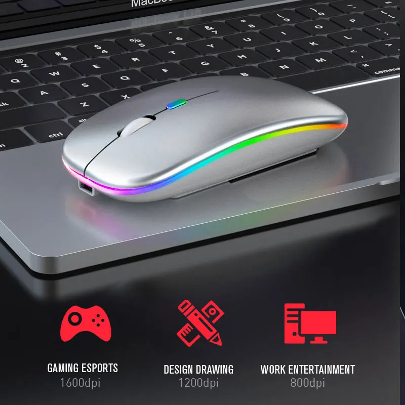 Rato Compatível com Bluetooth sem Fio Usb Recarregável Luz Rgb Computador Portátil pc Macbook Gaming 2.4ghz 1600dpi - Imagem 6