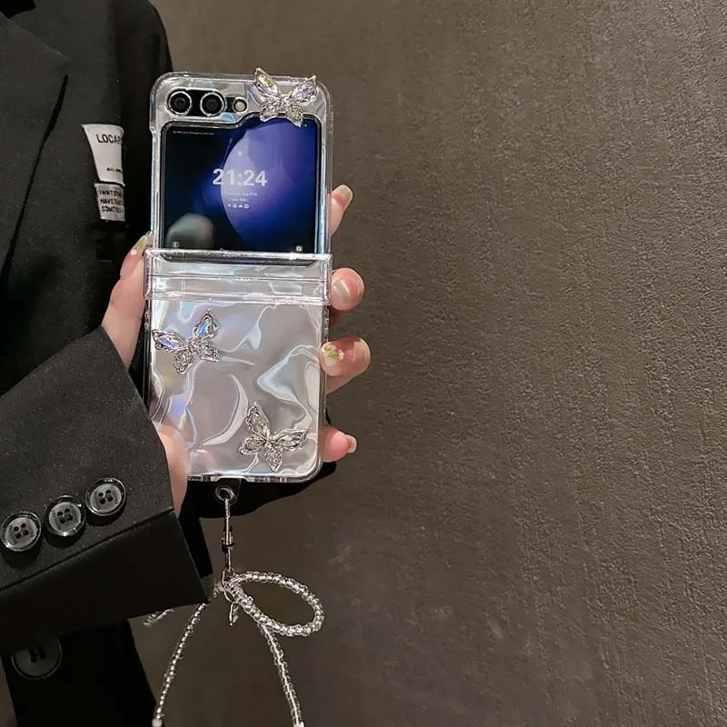 3D Shinny Butterfly Wrist Strap Phone Case for Samsung Galaxy Z Flip 6 5 4 3 Protective Cover for Z Flip6 Flip5 Flip4 Flip3 Capa_voghion.com