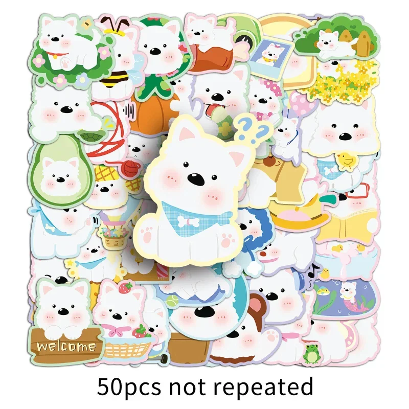 50pcs White Terrier Stickers Cute Cartoon Westie Dog Waterproof Decals for Laptop Journal Scrapbook 5-9cm Unique Design