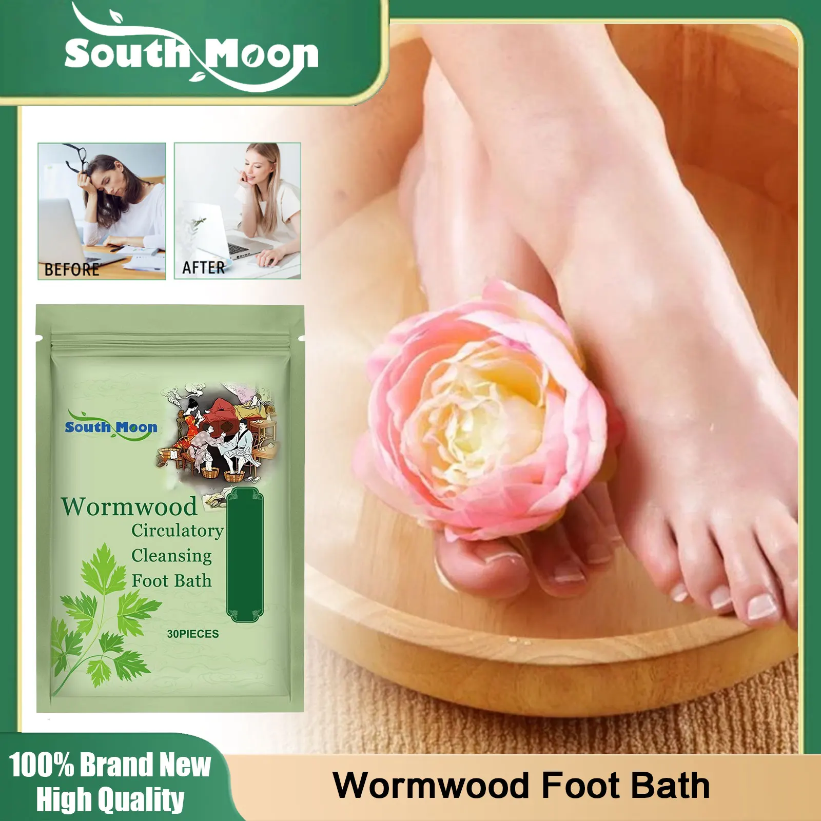 Wormwood Foot Bath Herbal Help Sleep Relieve Stress Fatigue Relax Muscle Lymphatic Drainage Dehumidification Foot Cleansing Soak