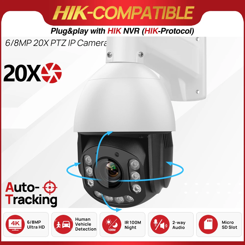 Hikvision uyumlu 8MP PTZ kamera 4K Speed Dome 20X Zoom PoE İnsan