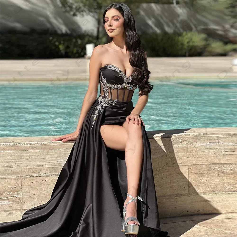 

2024 Black Women's Evening Dresses Sexy Sleeveless Crystal Bead String Princess Prom Gowns Fashion Celebrity Formal Party Robe