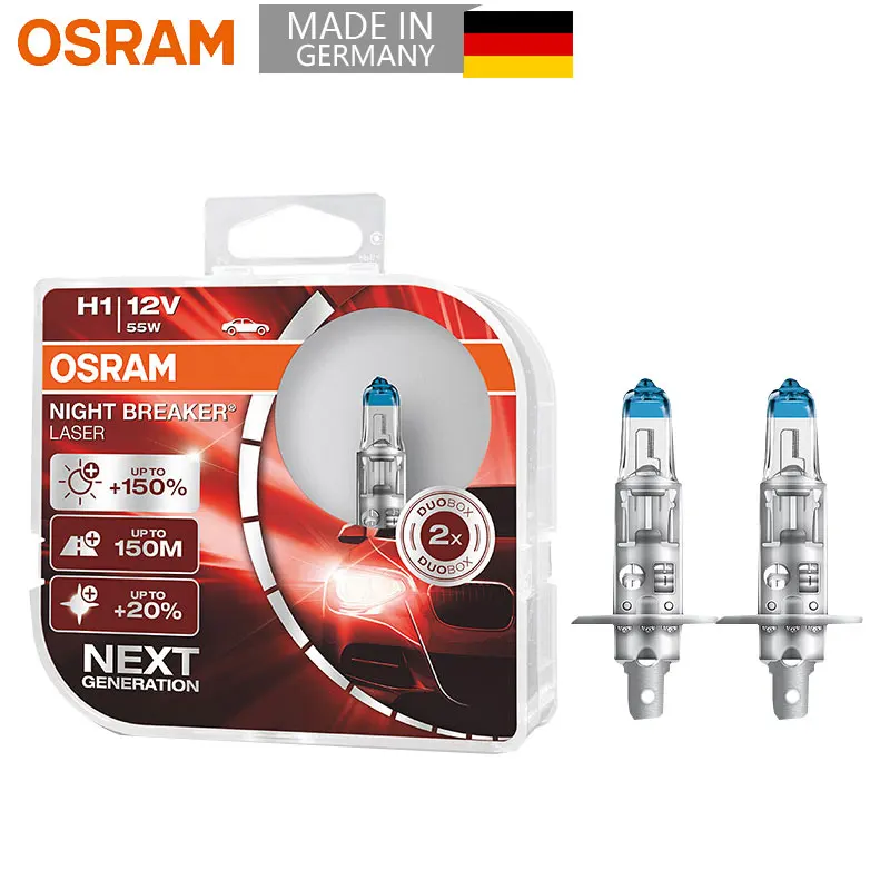 OSRAM H1 12V 55W P14.5s New Night Breaker Laser Next Generation Car Lamps  Halogen Headlight +150 More Brightness 64150NL, 2X