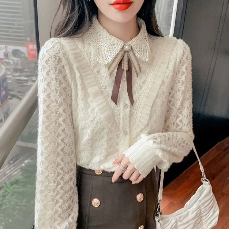Autumn Winter New Solid Color Doll Collar Fashion Long Sleeve Shirt Women Elegant High Street Button Cardigan Casual Bow Tops