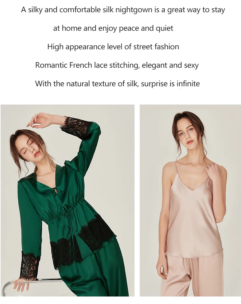 100% Pure Silk Pajamas Sets for Women Long Sleeve Top+Pants+Suspenders 3 pcs Home Suits Nightwear Ladies Mulberry Silk Pyjamas