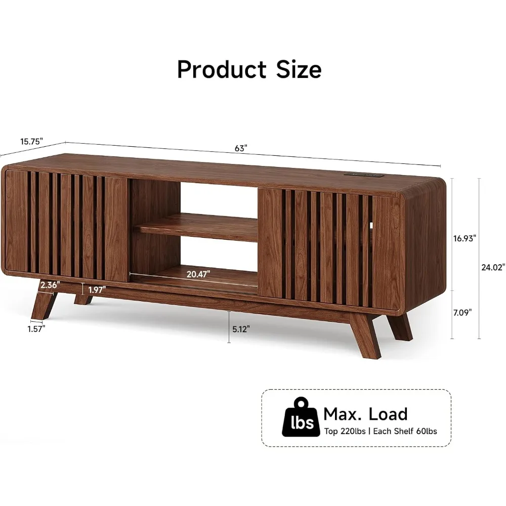 63-inch tv stand for tvs up to 75 inch, mid-century modern television stand with power outlet， entertainment center with sliding