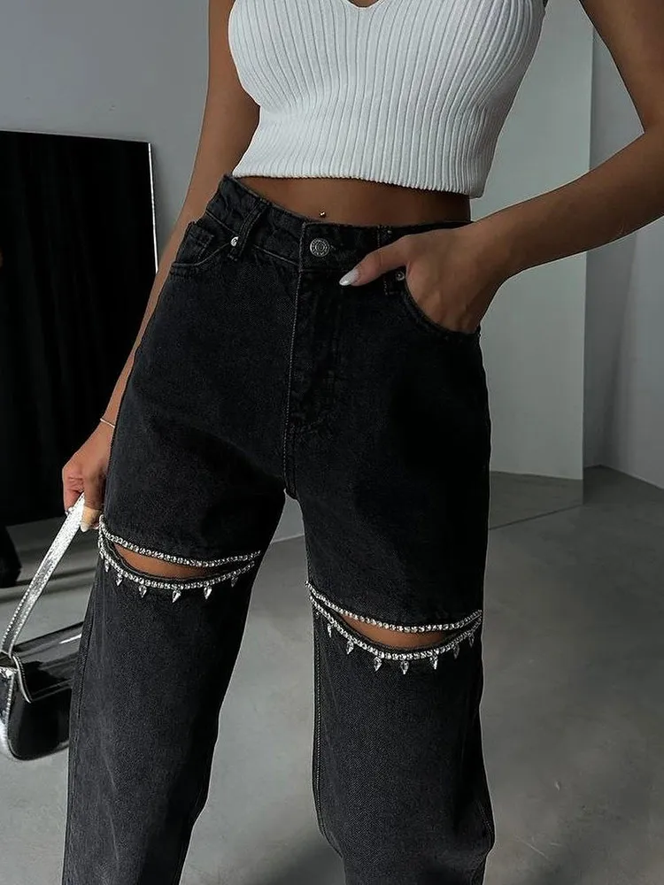 TWOTWINSTYLE Hollow Out Patchwork Diamonds Jeans For Women High Waist Spliced Pocket Casual Denim Pants Female Fashion Clothes 2
