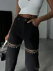 TWOTWINSTYLE Hollow Out Patchwork Diamonds Jeans For Women High Waist Spliced Pocket Casual Denim Pants Female Fashion Clothes 2