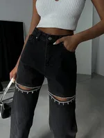 TWOTWINSTYLE Hollow Out Patchwork Diamonds Jeans For Women High Waist Spliced Pocket Casual Denim Pants Female Fashion Clothes 2