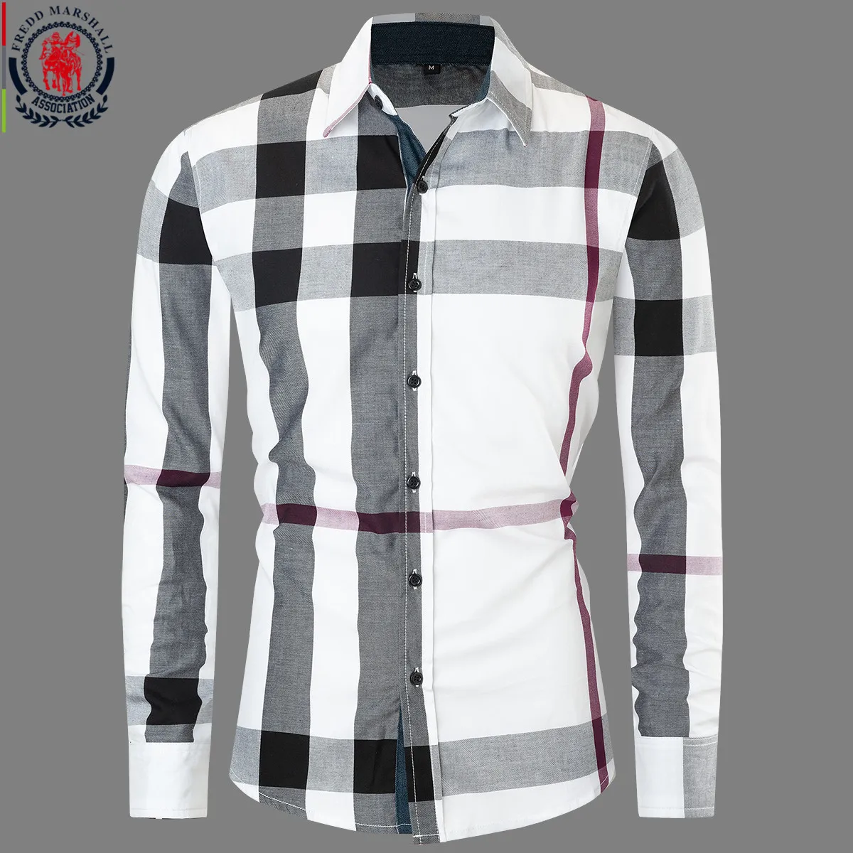 Fredd Marshall 2023 Summer New Fashion Random Plaid Shirt Long Sleeve Men Casual Button Down Social Dress Shirts Men's Clothing