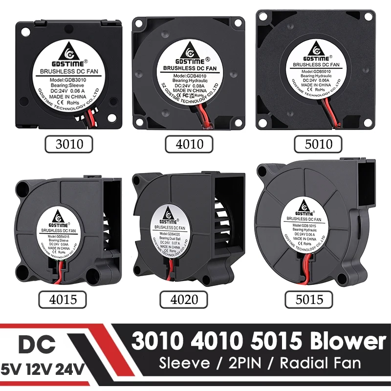Gdtime-ventilador de Turbina sem Escova para Acessórios de Impressora 3d 30 mm 40 mm 50 mm dc 5v 12v 24v 5015