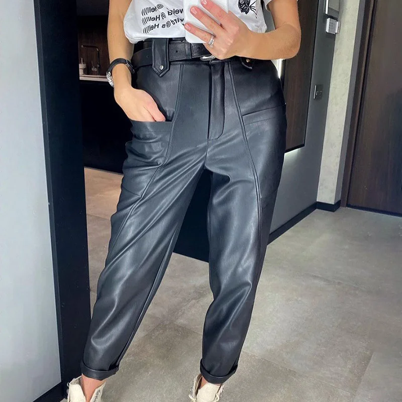 Women Black Vintage Pu Leather Pants Classic Y2k Punk High Waist Pockets Straight Wide Legs Pants Harajuku Brown Office Trousers