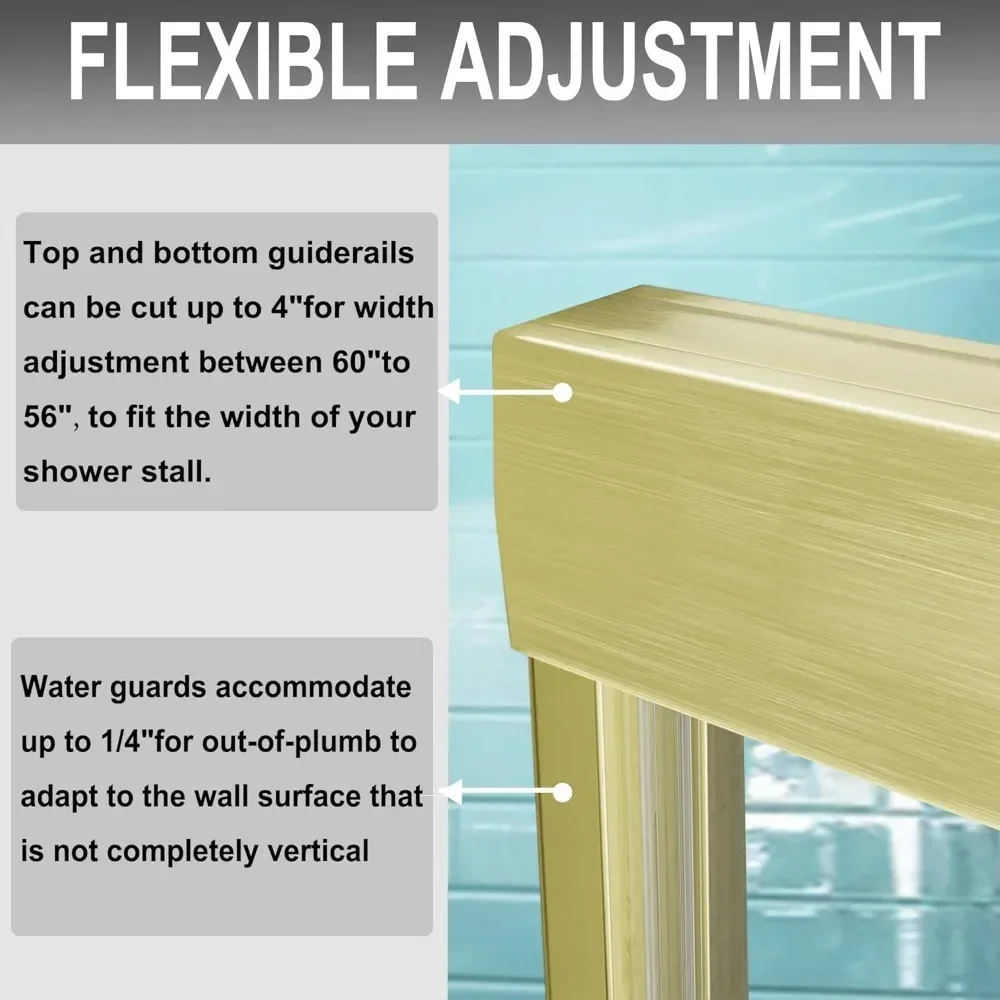 56-60" W X 70" H Shower Doors, 1/4" (6mm) Clear SGCC Tempered Glass, Brushed Gold Finish, Reversible Installation, Shower Doors 4