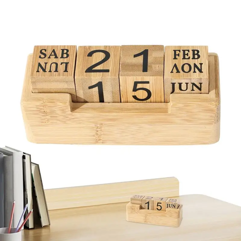 Wood Block Perpetual Calendar Rustic Number Pattern Blocks Creative Block Calendar for Desk Retro Month Date Display Blocks