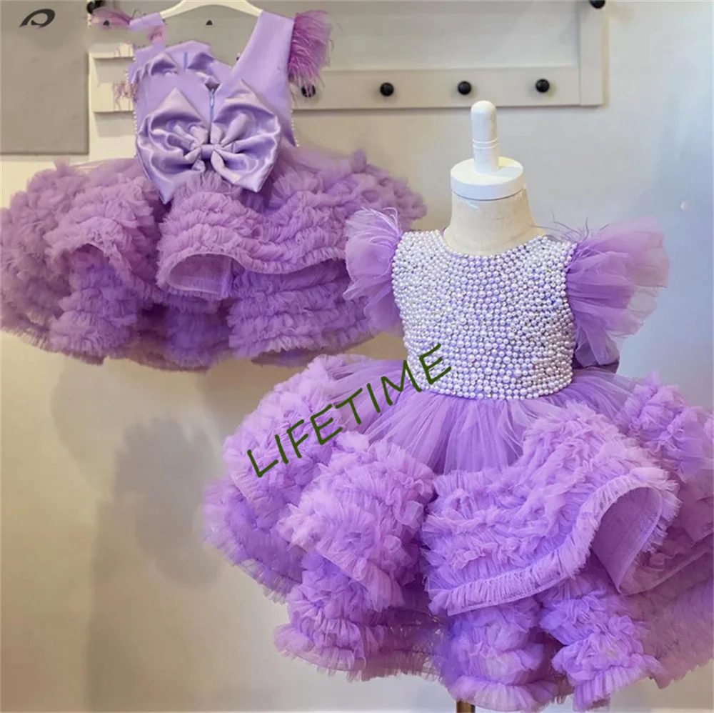 

Gardenwed Purple Princess Dress Pearl Beaded Puffy First Communion Dress Flower Girl Dresses Cute Child Girls Dress First Gown