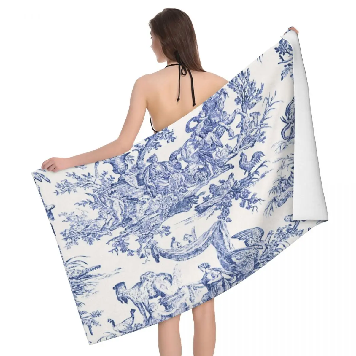 

Navy Blue Toile De Jouy Soft Linen Microfiber Bath Beach Towel Quick Dry French Countryside Floral Bathroom Sauna Towels