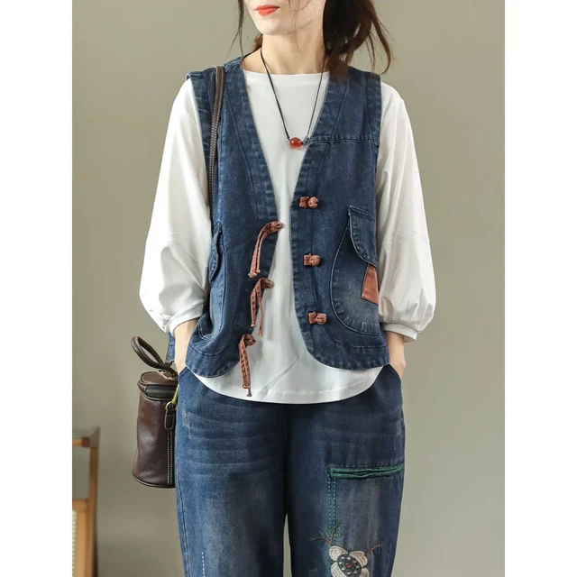 Gilet da Cowboy Vintage da donna oversize in cotone primavera autunno  giacca senza maniche top Cardigan