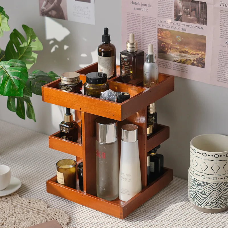 

Wooden skincare shelf, 360 degree rotating dresser, cosmetics storage box, tabletop lipstick layered bathroom accessories