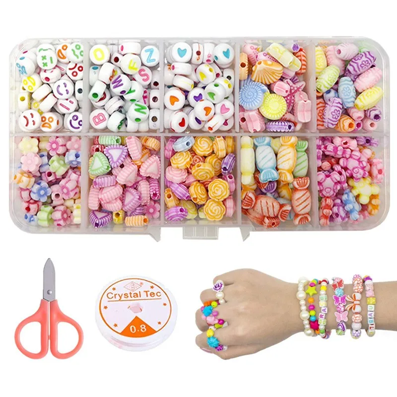 

Fashion Childen Loose DIY Acrylic Beads Set Fit For Child Jewelry Making With Thread And Children's Scissors One Set y15864