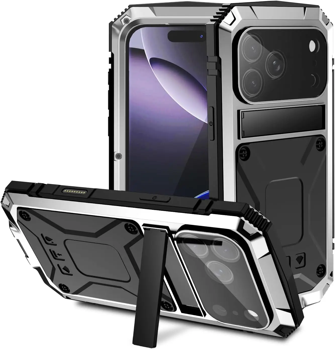 Premium Metal Heavy Duty Case with Kickstand and Glass Screen Cover