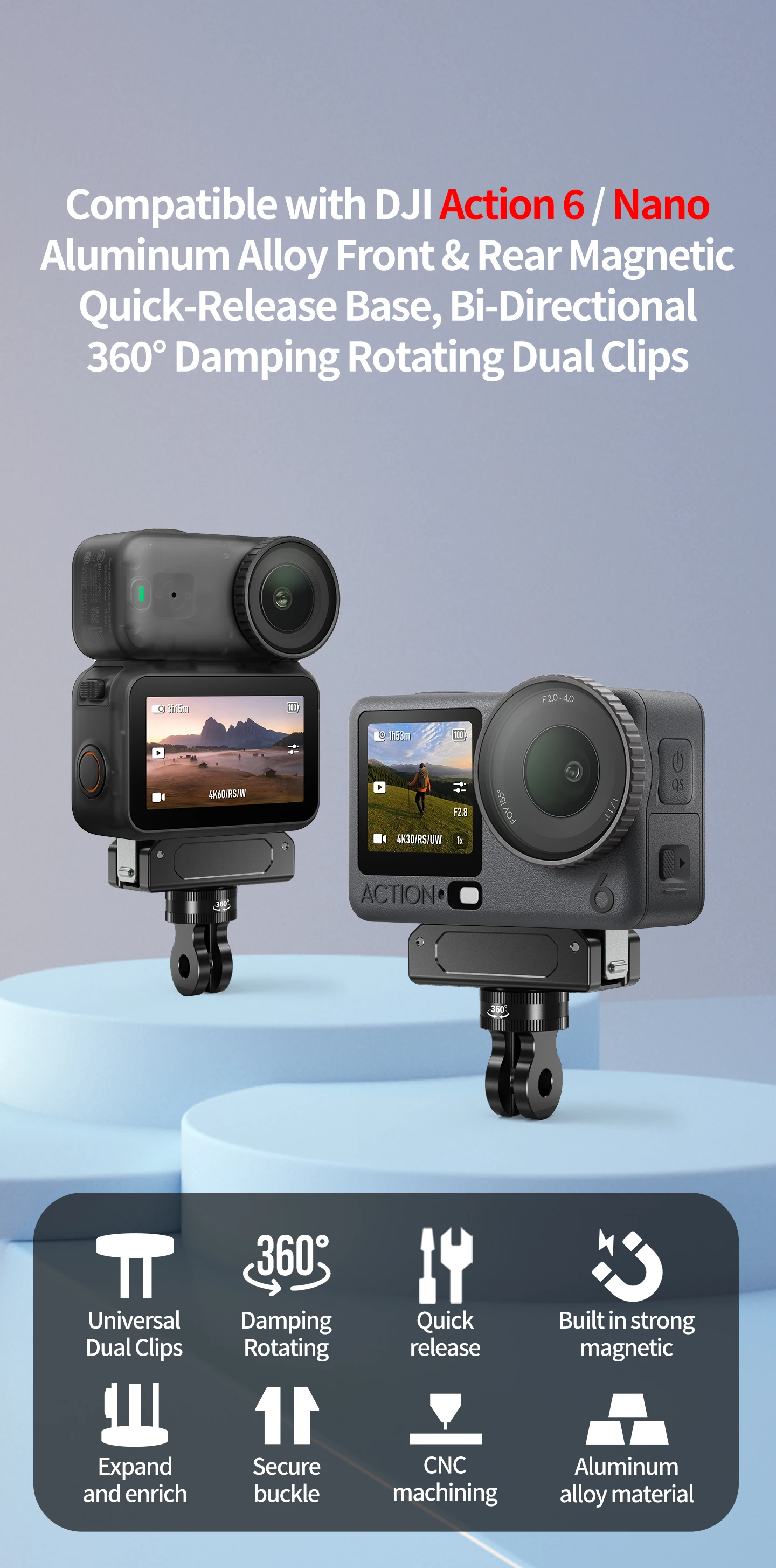 Aluminium Magnetische Schnellverschluss-Halterung Magnetische Schnellinstallationsbasis für DJI Action 6 Osmo Nano Rutschfeste Stoßfeste Stativhalterung – Detail 1
