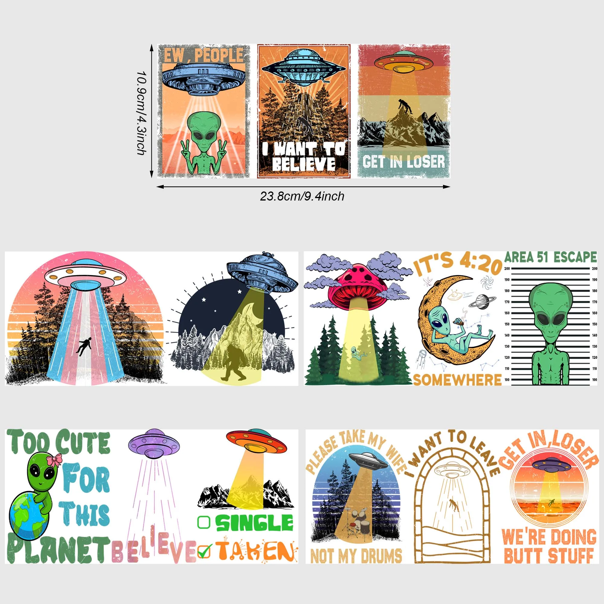 5 sheets Alien UV DTF cup holder 16 oz, fun Alien DTF cup holder transfer glass, waterproof stickers, friction transfer stickers