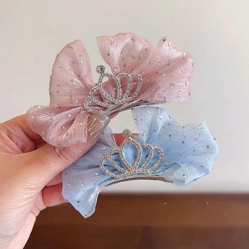 달콤한 소녀 헤어 클립 Organza 활 머리핀 어린이 헤어핀 지르콘 크라운 머..
