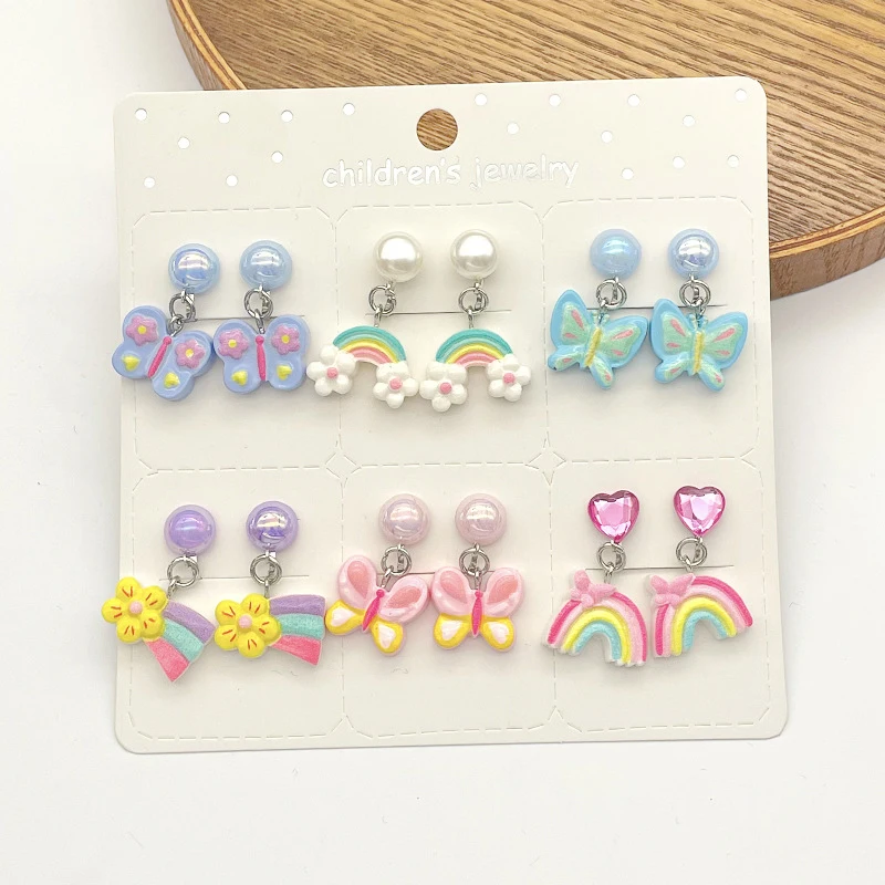 6PRS/SET Unicorn Mermaid Resin Drop Clips on Earrings Girls No Piercing Kids Earring Gift