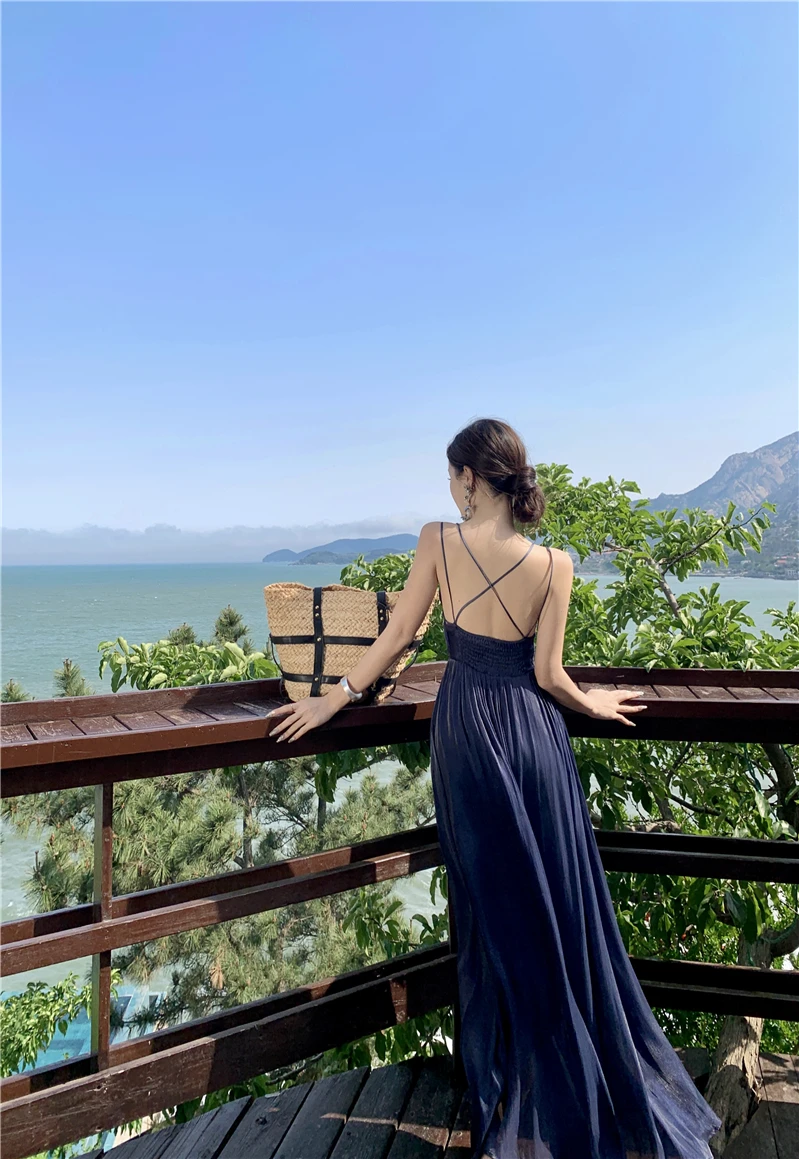 Summer New Spaghetti Strap Long Dresses for Women V-neck A-line Evening Party Dress Backless Prom Robe One Piece Vestido Mujer