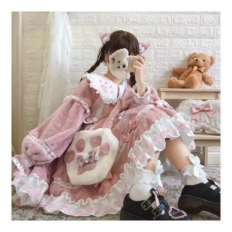 Little Milk Meow Cat Lolita Dress Plush Autumn Winter Long Sleeve Thickened New Year Clothes Birthday Party Girl Bag