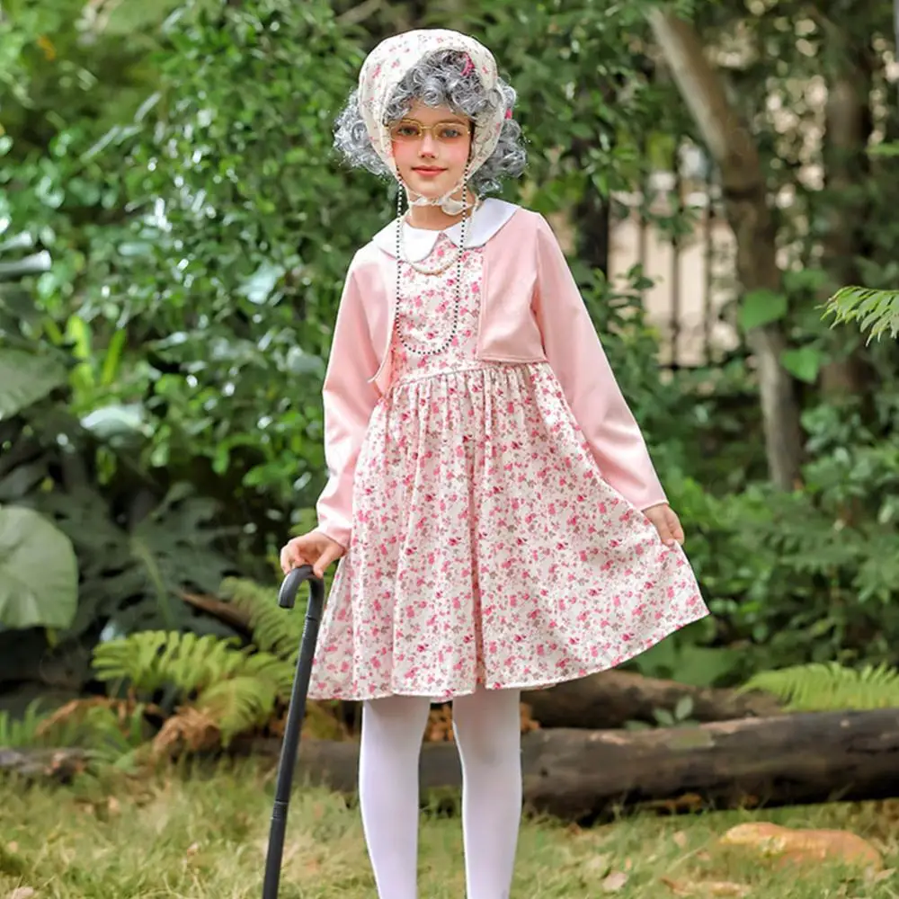 100 Days Old Lady Costume Cosplay Set 100 Days of School Costume Wig Accessories Grandma Outfit Old Lady Dress Up for Girls