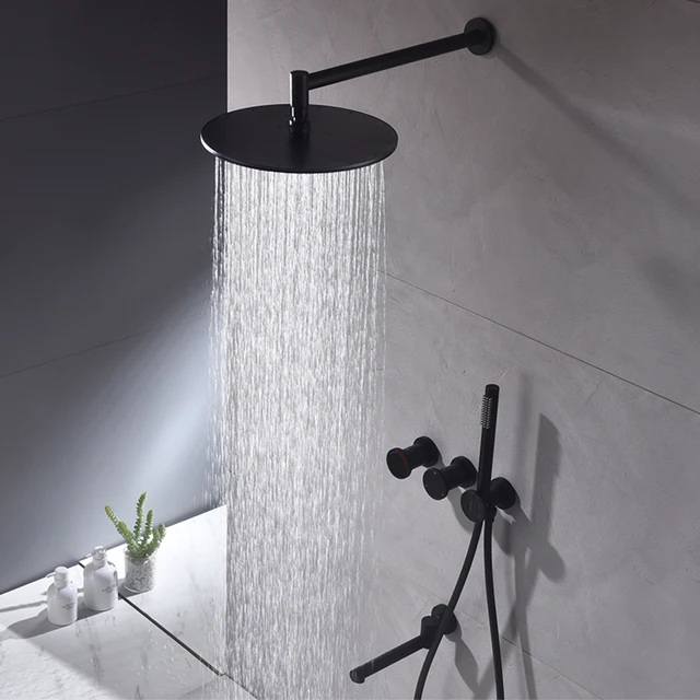 ระบบฝักบัวแบบติดผนังสีดำด้าน ทองเหลือง 3 ฟังก์ชั่น สไตล์มินิมอล น้ำร้อนน้ำเย็น ก๊อกน้ำอ่างอาบน้ำในห้องน้ำ 5