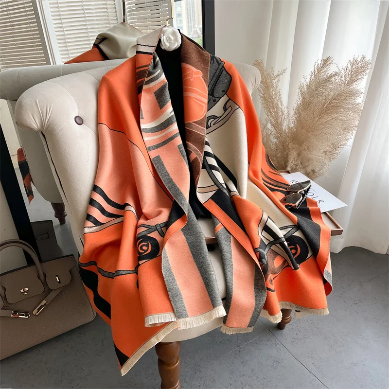 

2022 New Women Warm Winter Scarf Imitation Cashmere Feel Print Design Scarf Shawls Fashion Luxury Brand Pashmina Thick Cloak