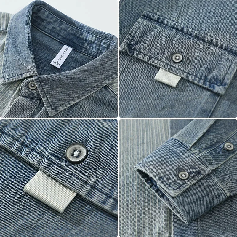 Men's Denim Color Blocking Striped Shirt Casual Loose Fit Long Sleeve Spring And Autumn Wardrobe Piece