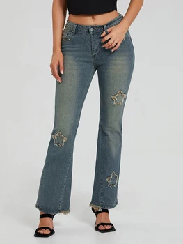Women Flared Denim Pants Casual Star Pattern Bell Bottoms Jeans Bootcut Trousers for Streetwear 4