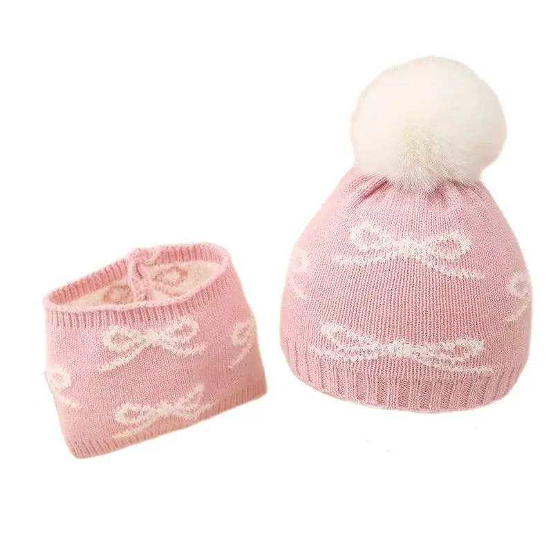 Winter Baby Hat Scarf Two-piece Set Jacquard Bows Plush Warm Suit Newborn Infant Woolen Hat Cute Baby Pompom 0-12months