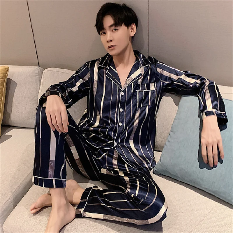 Spring Autumn Men's Thin Imitation Silk Pajamas Long Sleeve Cardigan Pants Oversized Casual Home Clothing Set Jacquard Sleepwear autumn women pajamas set milk silk nightwear long sleeved sleepwear spring sleep clothing zebra nighties home sleeping sleepwear