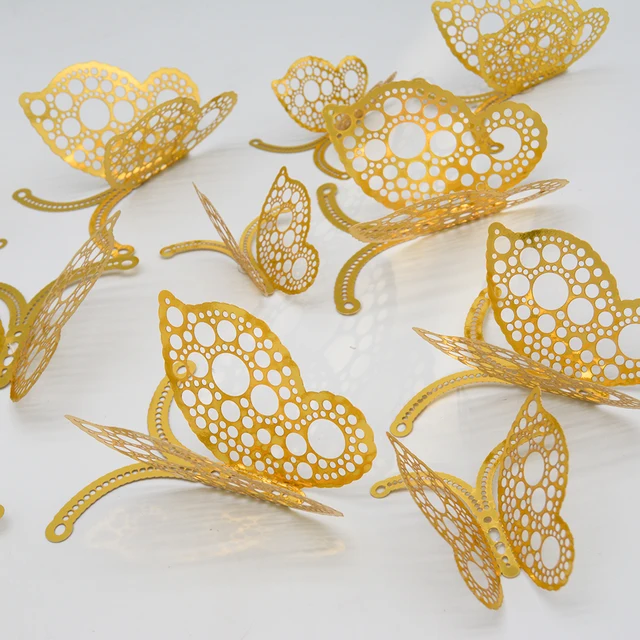 12Pcs Metal Texture Gold Artificial Butterfly Cake Topper Cake Decoration Simulation Butterflies Wedding Crafts Party Decoration G010