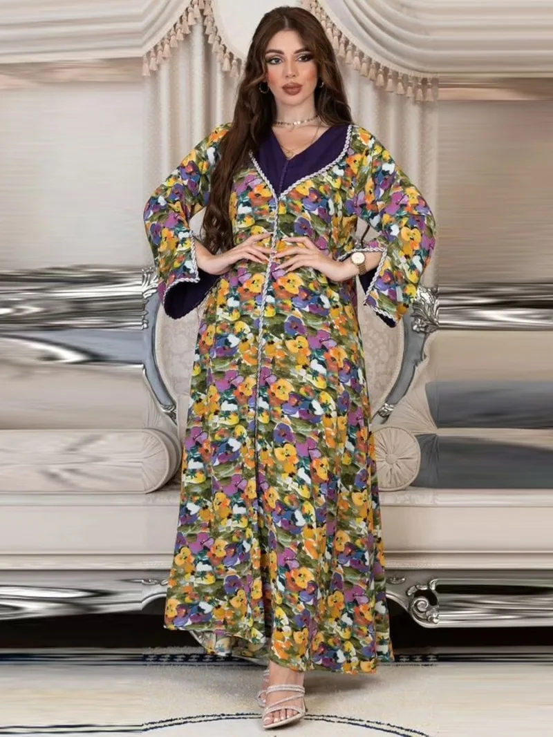 Fashion Dubai Abaya Diamonds Floral Print Tape Trim Full Sleeve V-Neck Casual Loose Arab Long Dress Woman