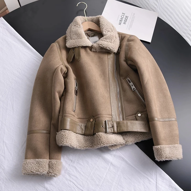 Winter Vintage Suede Lamb Short Jacket Women Thick Warm Moto Bike