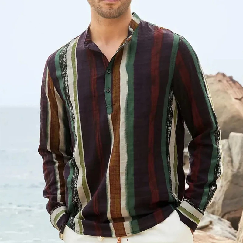 

Vintage Striped Print Beach Shirts 2024 Casual Men Clothing Fashion Long Sleeve Single Breasted t Shirt Tees Man Loose Beach Top