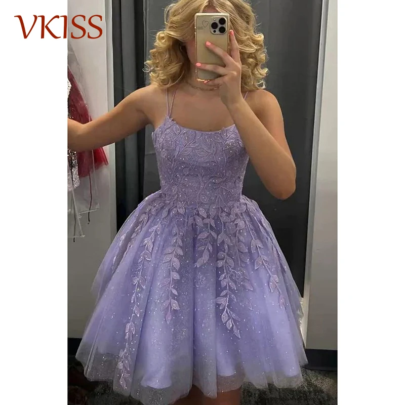 A-Line Scoop Neck Homecoming Dress with Glitter Appliques Sparkle Shine Dress Mini Tulle Lace-Up Cocktail Gowns for Graduation