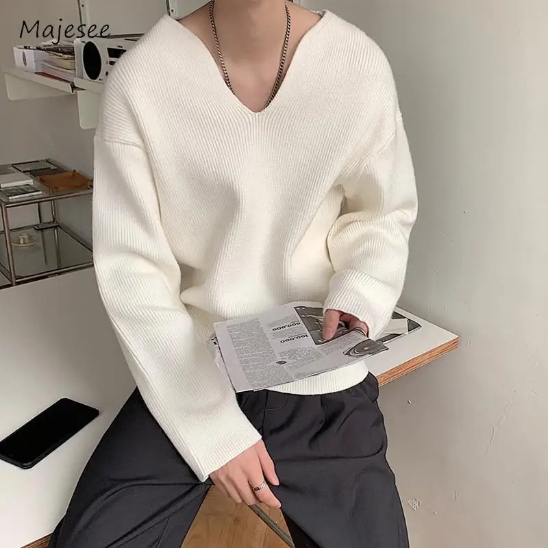 V-neck Sweaters Men Korean Style All-match Simple Daily Slouchy Streetwear Classic Solid Handsome Spring Autumn 2023 Pullover